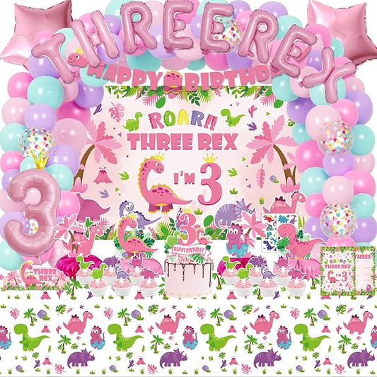 Pink Dinosaur Birthday Decorations for 3 Year Old Girls 134 Pcs