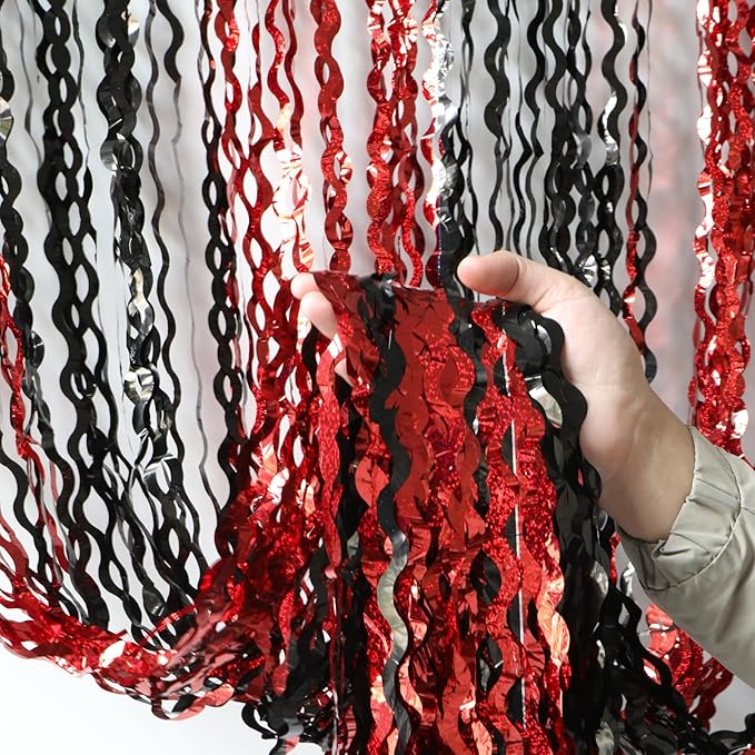 4 Pack Sparkle Red and Black Fringe Curtain - 3.3x6.6 Feet Tinsel