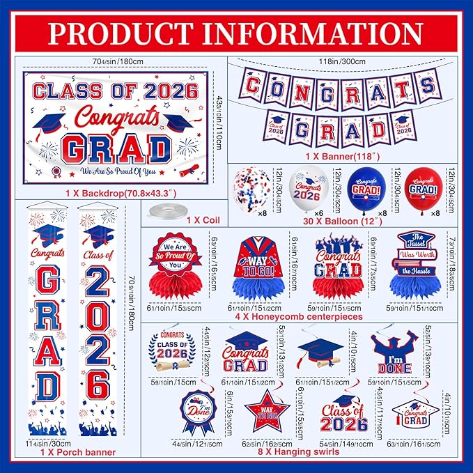Graduation Decorations 2026 White Blue and Red Graduation Party Decor