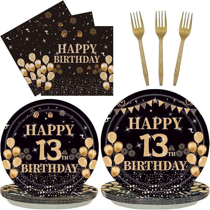 96PCS 13th Birthday Party Plates Set Black and Gold Theme Decorations