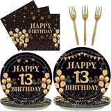 96PCS 13th Birthday Party Plates Set Black and Gold Theme Decorations