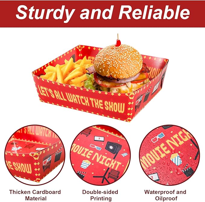 50 Pcs Movie Night Snack Trays Disposable Paper Food Tray Movie