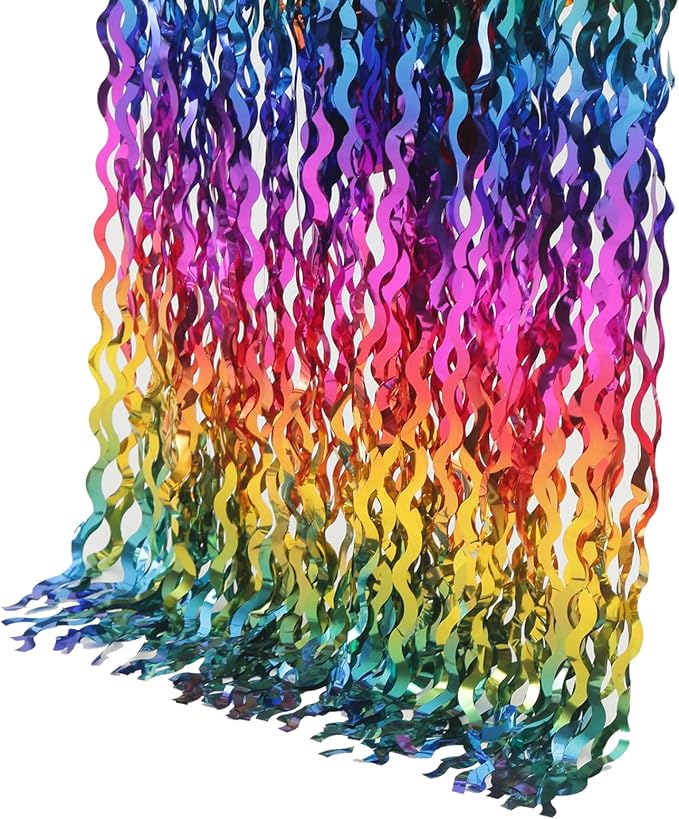 4 Pack Wavy Rainbow Foil Fringe Curtain | 3.3x6.6ft Colorful Tinsel