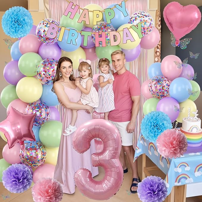 Pastel 3rd Birthday Party Decorations for Girls Number 3 Balloon