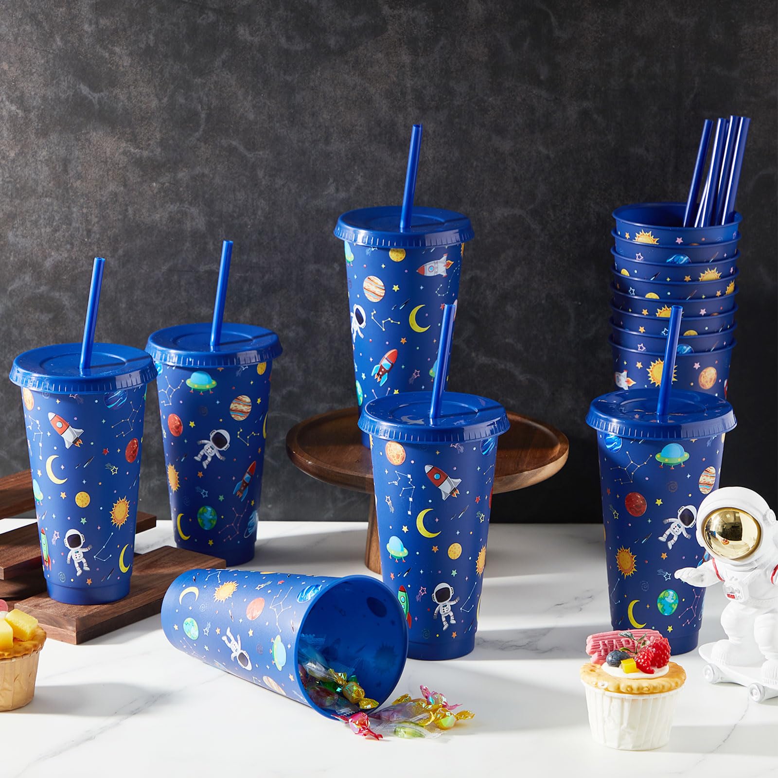 12 Pcs Space Party Plastic Cups with Lid and Straw 24 oz