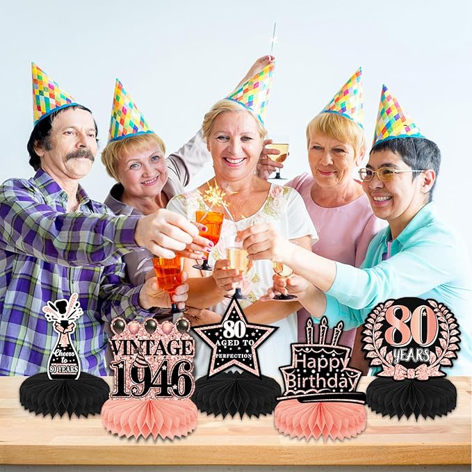 80th Birthday Decorations for Women - 9pcs Rose Gold 80 Party