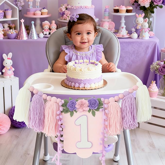 Handmade Wildflower 1st Birthday High Chair Banner Purple Pink