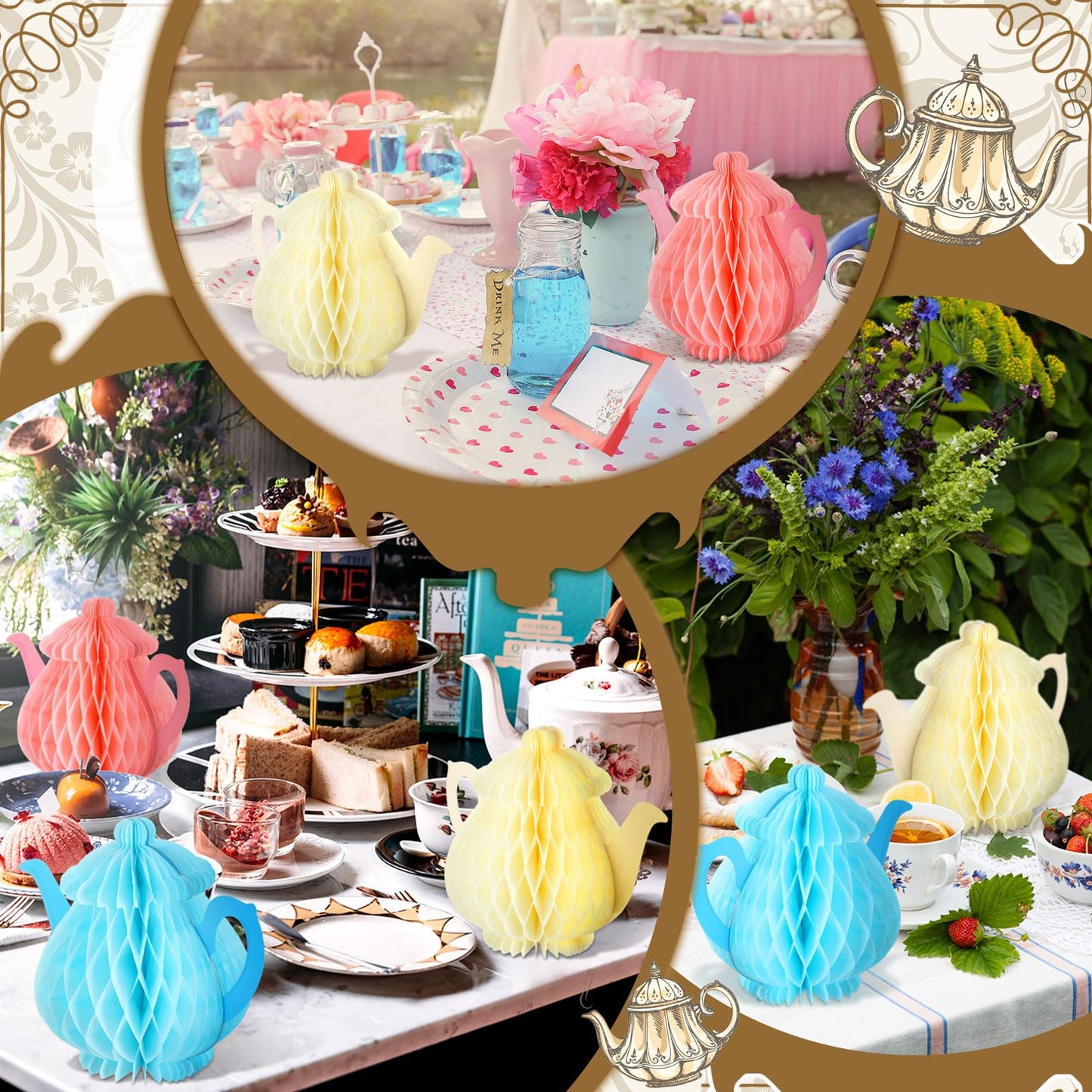 Wettarn 6 Pcs Floral Tea Party Decorations Spring Teapot Honeycomb