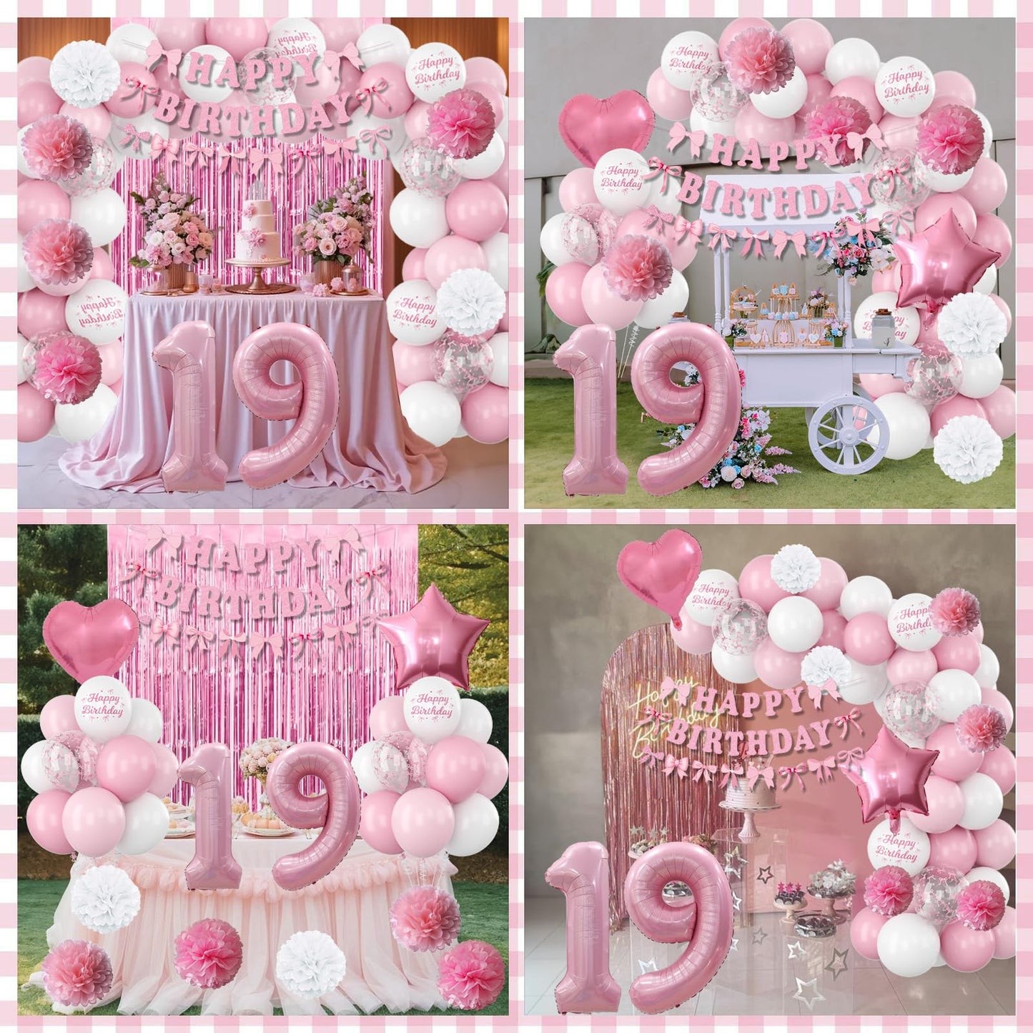 19th Birthday Decorations for Girls Pink Number 19 Balloon Bow