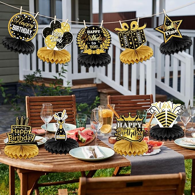 9 PCS Happy Birthday Party Table Decorations | Black and Gold