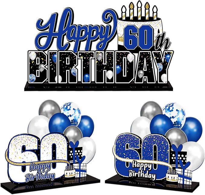 LINGTEER Happy 60th Birthday Blue Acrylic Table Topper Centerpieces
