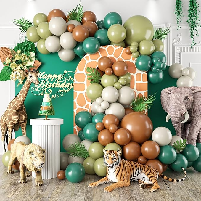 Sage Green Brown Balloon Garland Kit 105PCS Jungle Safari with Sand