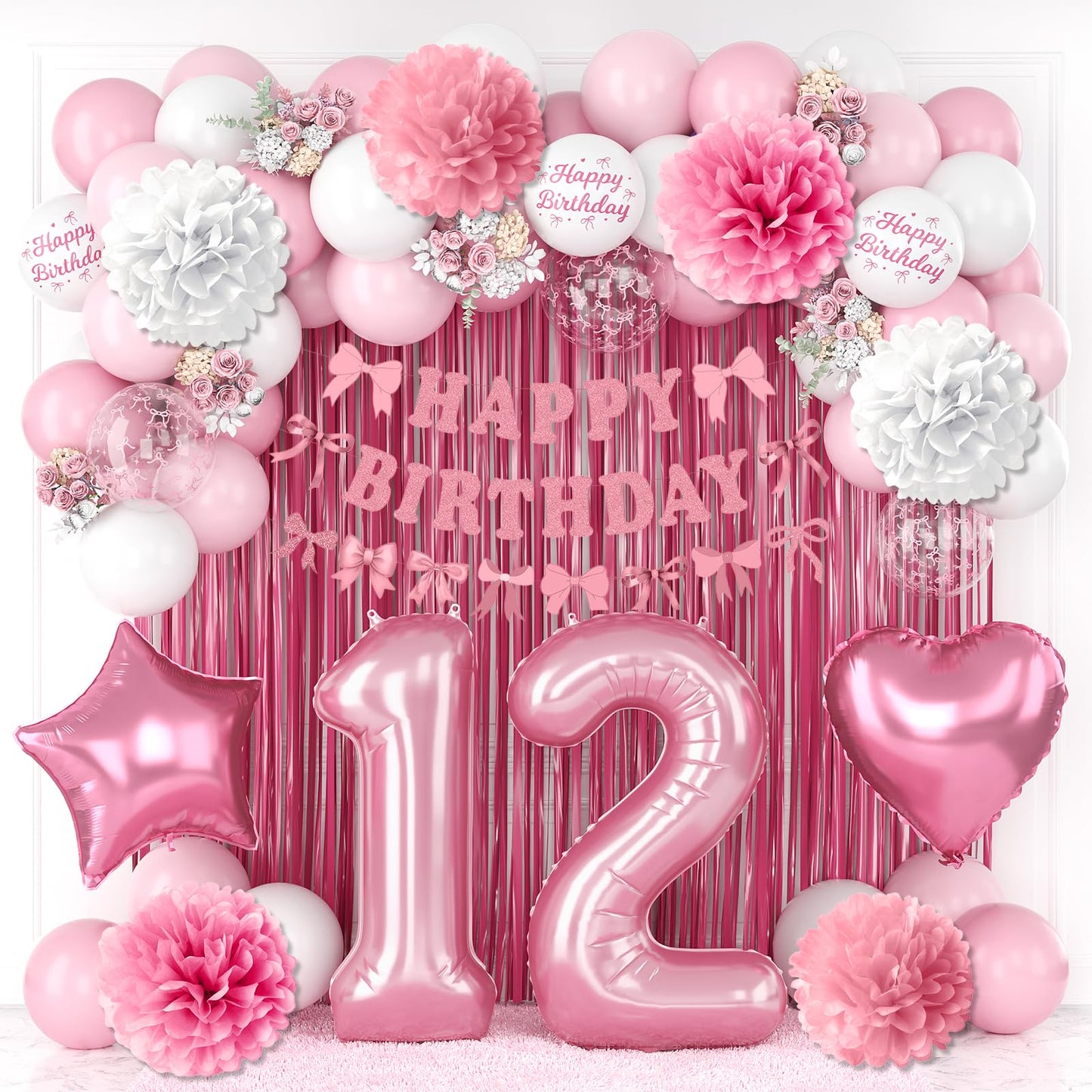 12th Birthday Decorations for Girls Pink Number 12 Balloon Bow