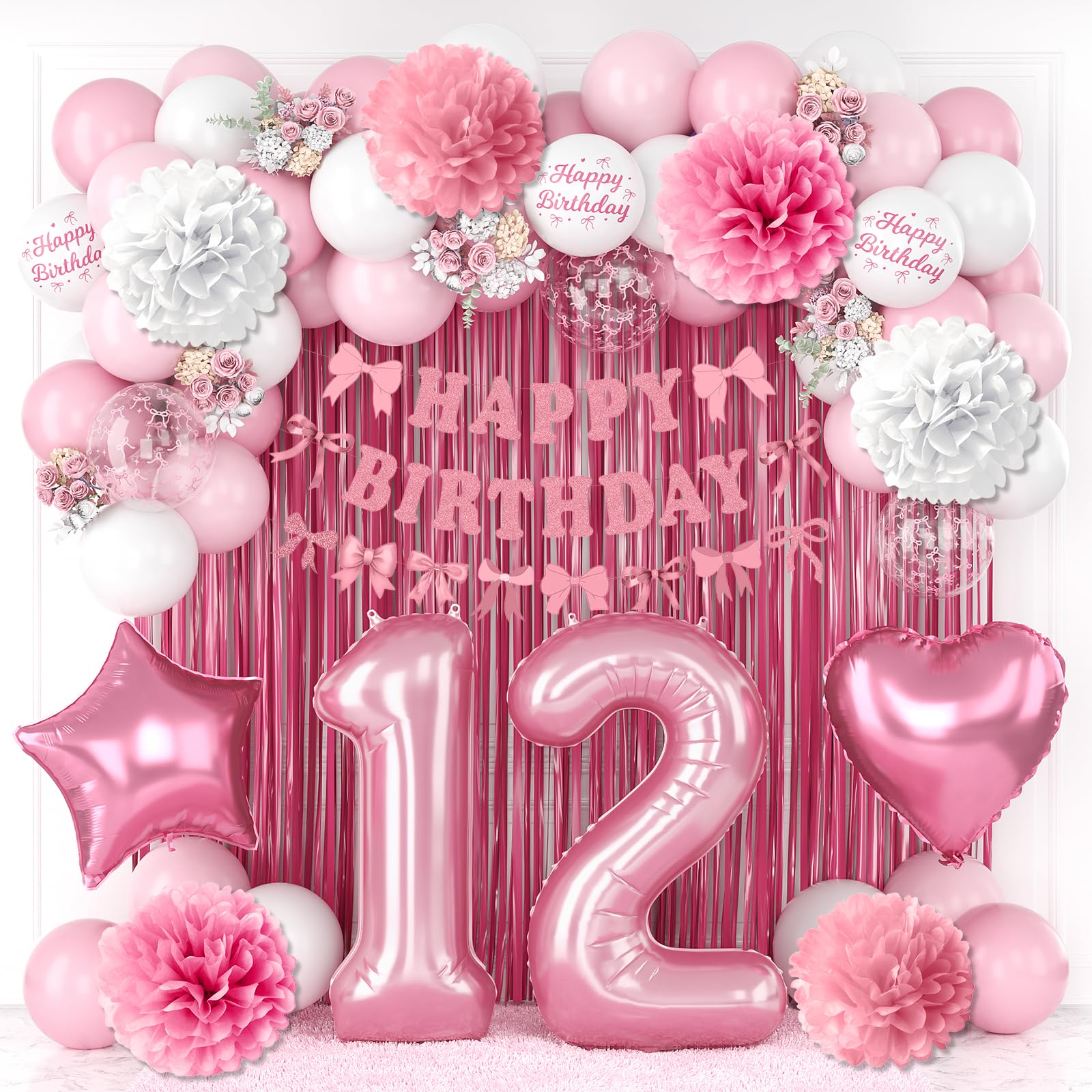 12th Birthday Decorations for Girls Pink Number 12 Balloon Bow