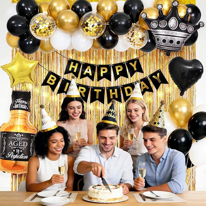 Black and Gold Party Decorations for Men with Happy Bithday Banner,