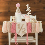 1/2 Pink Baby Girl Birthday Highchair Banner Wood Bead Tassel