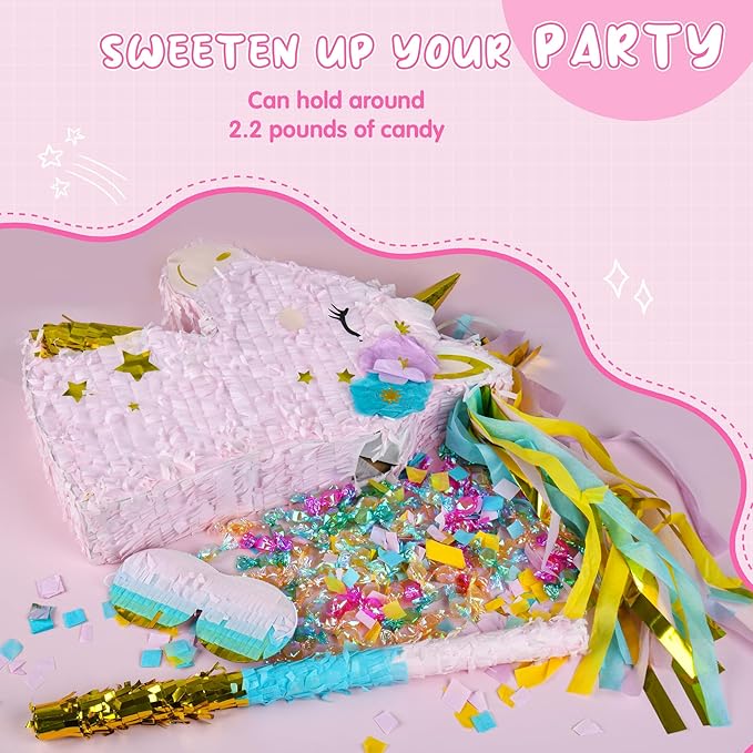 Small Unicorn Pinata Pink Gold with a Blindfold a Bat and Confetti