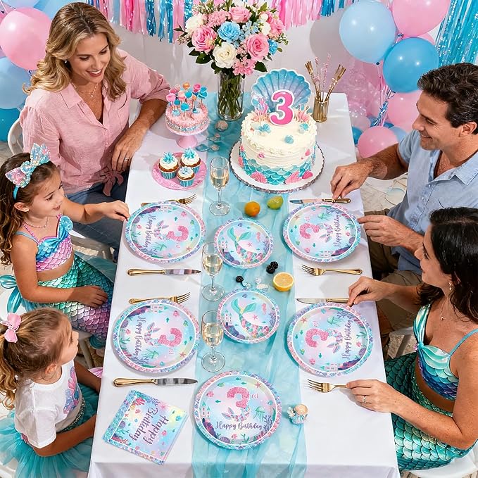 96Pcs Mermaid 3rd Birthday Party Decorations Mermaid 3rd Plates and