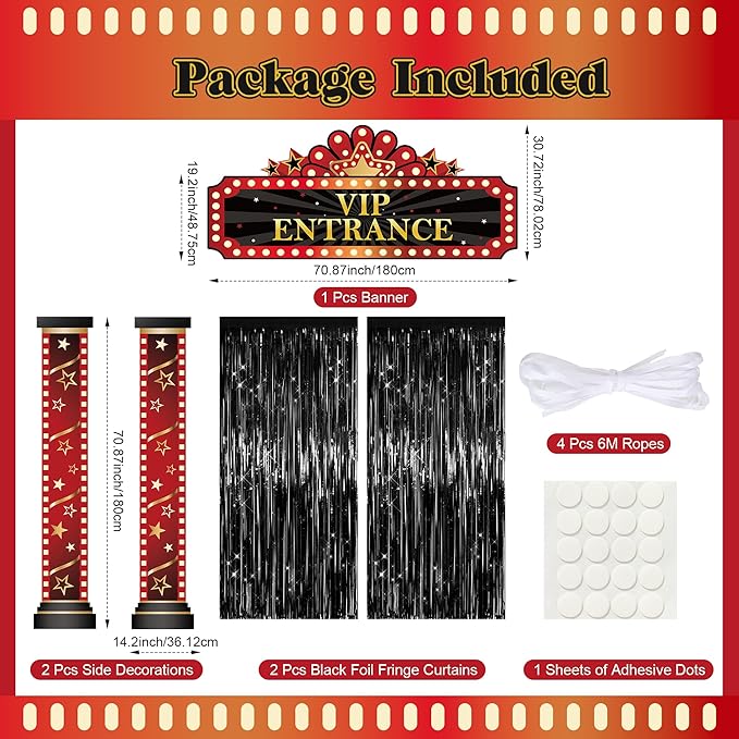 3 Pcs Casino Movie Night Porch Sign Banner with Black Foil Fringe
