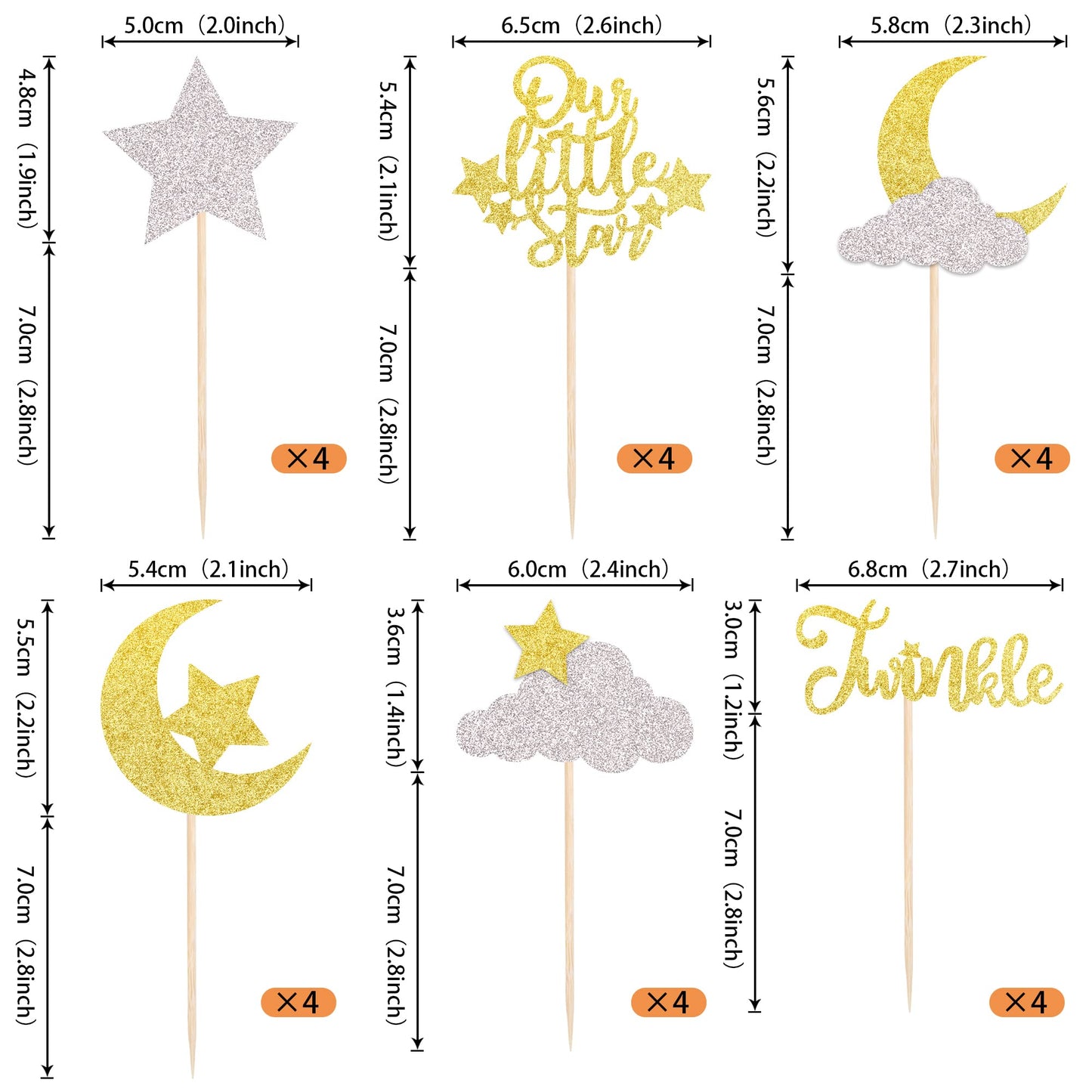 24 Pack Little Star Cupcake Toppers Glitter Moon Cloud Cupcake Pi 1-go