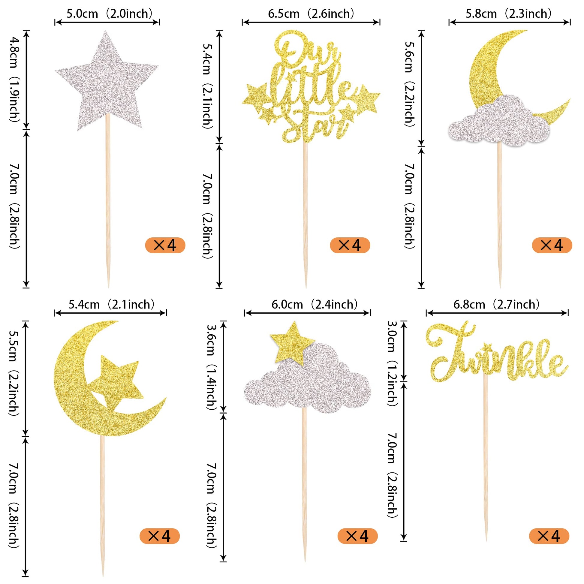 24 Pack Little Star Cupcake Toppers Glitter Moon Cloud Cupcake Pi 1-go