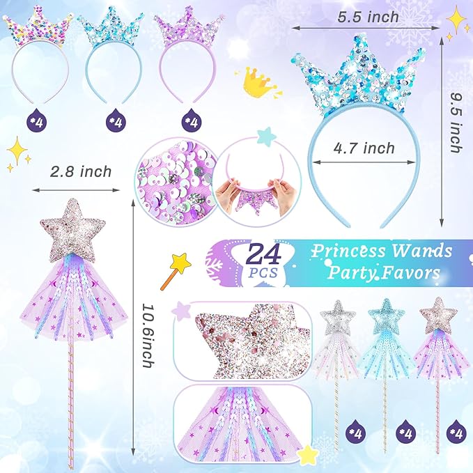24 Pcs Princess Party Favors Star Shaped Wands and Sequin Crown