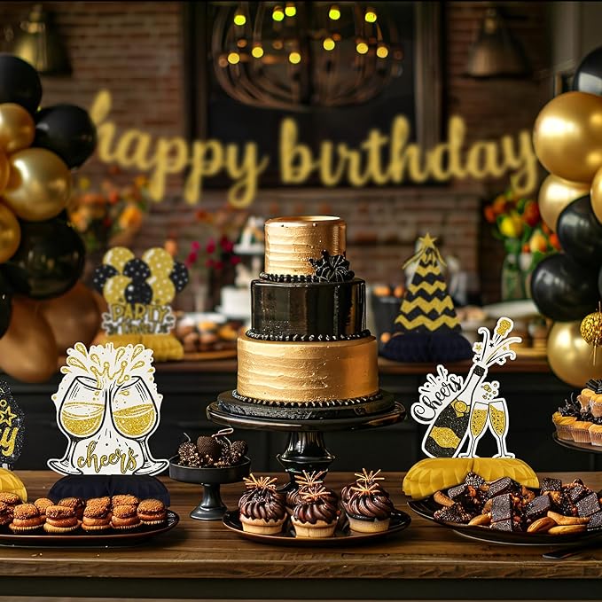 Black and Gold Birthday Decorations – 12Pcs Honeycomb Table