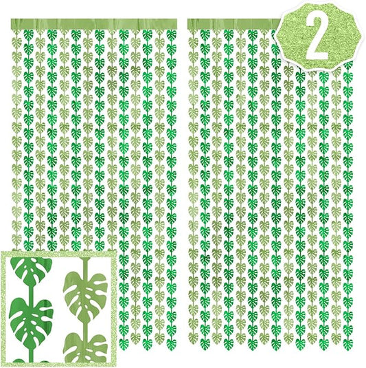 xo Fetti Jungle Leaf Foil Curtain Set of 2 3x7 ft Safari Theme Party