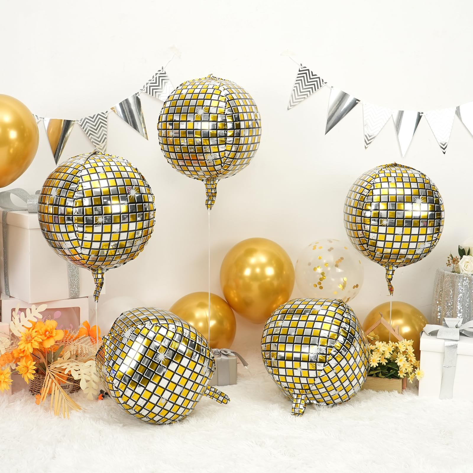 Disco Ball Balloons 4PC,Foil Disco Balloons 22 Inch 4D Round Metallic