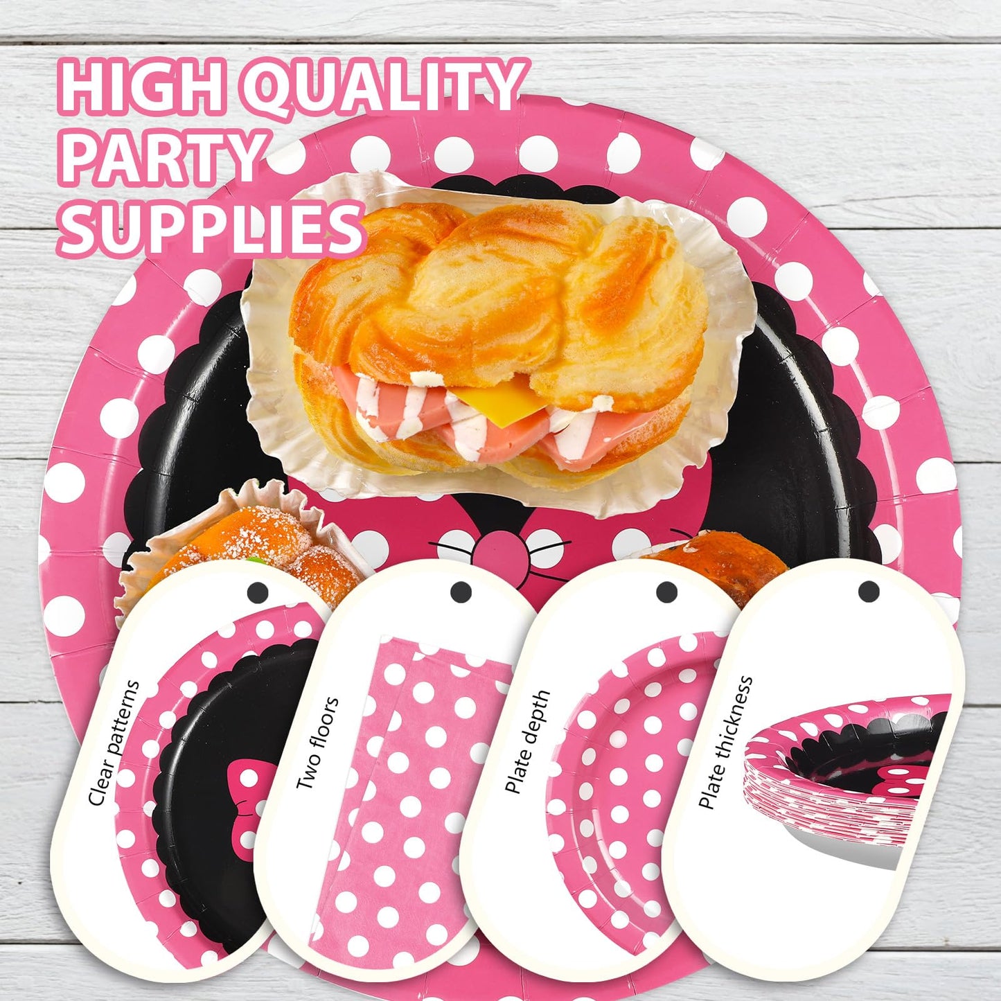 96Pcs Pink Mouse Party Supplies Cartoon Mouse Paper Plates and Napkins