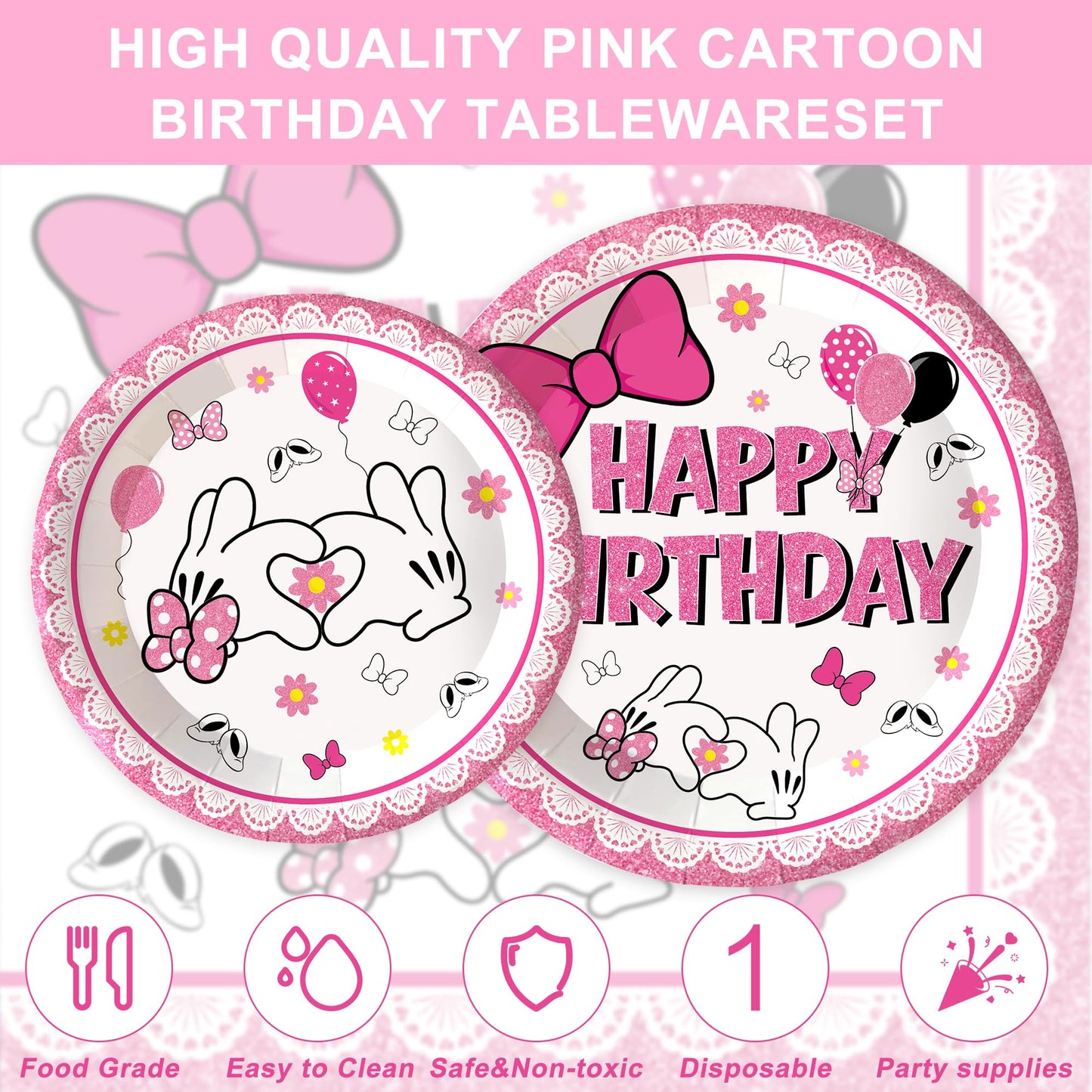 120pcs Pink Bow Mouse Plates Napkins Cartoon Birthday Party Supplies
