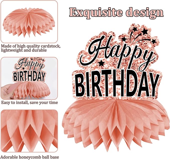 10Pcs Rose Gold Birthday Decorations Honeycomb Centerpieces for Girls