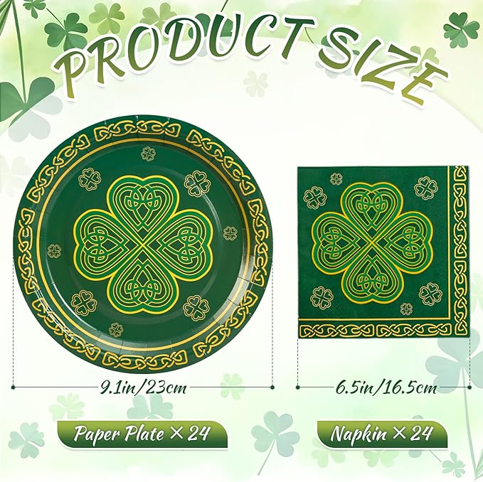 48 pcs St Patrick's Day Tableware Sets 9 Inch Shamrock Clover