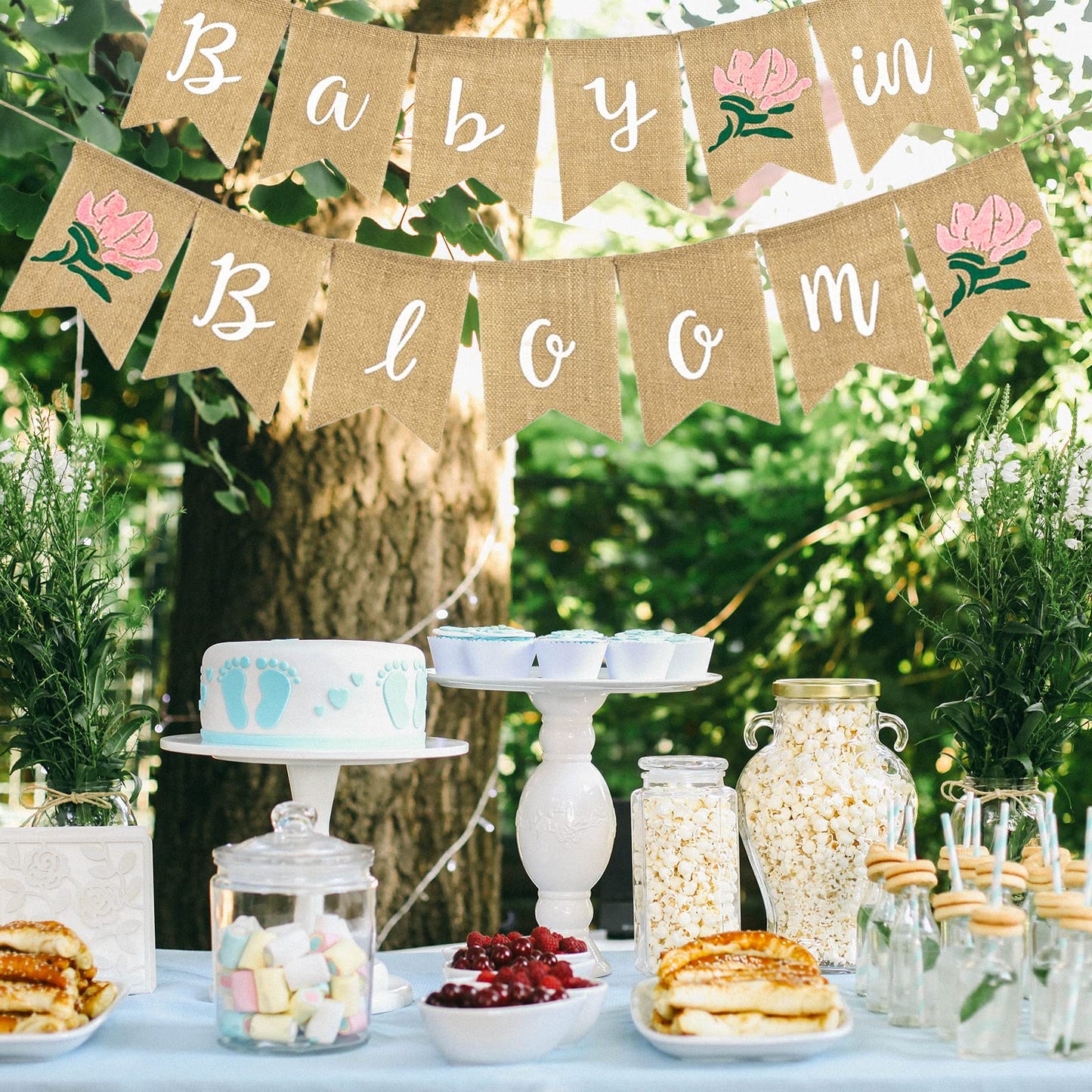 Whaline Baby in Bloom Burlap Banner with Pink Flower Rustic Bunting