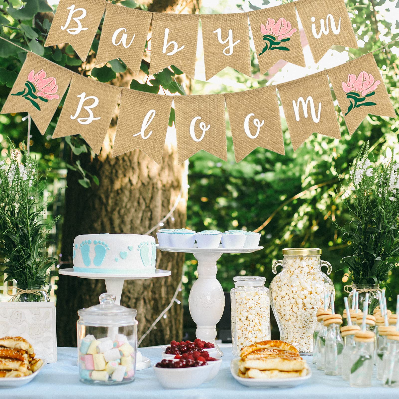 Whaline Baby in Bloom Burlap Banner with Pink Flower Rustic Bunting