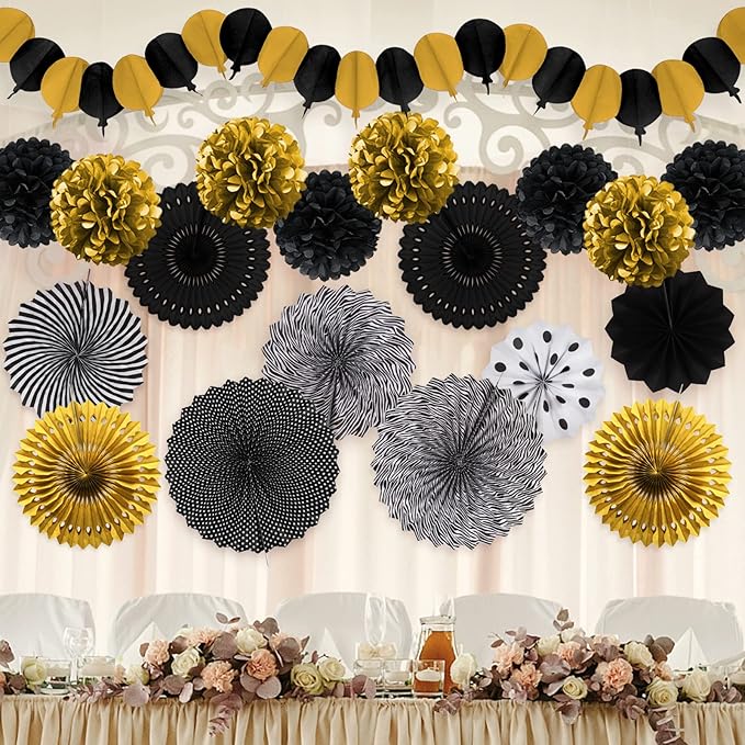 Black and Gold Decorations, Paper Pompoms Fan for Graduation Birthday