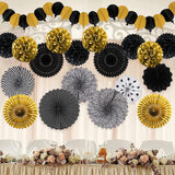 Black and Gold Decorations, Paper Pompoms Fan for Graduation Birthday