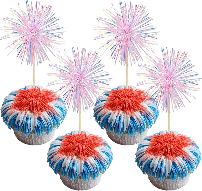 Gyufise 30Pcs Foil Firework Cupcake Toppers Sparkle Tinsel Cake #30