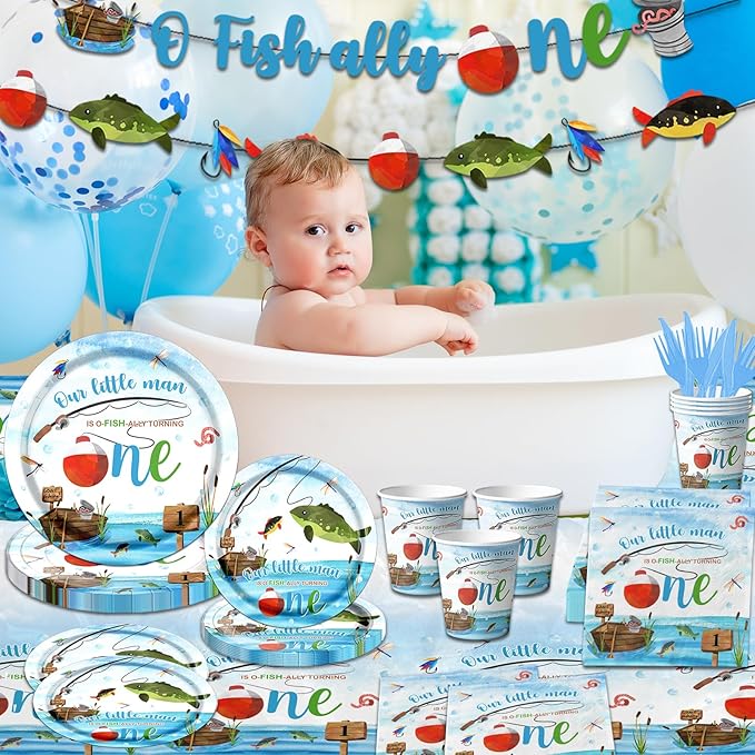 Ofishally One Birthday Decorations 142Pcs Gone Fishing 1st Birthday