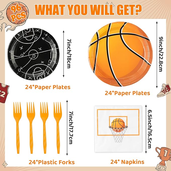 96Pcs Basketball Party Plates Supplies Sports Theme Tableware