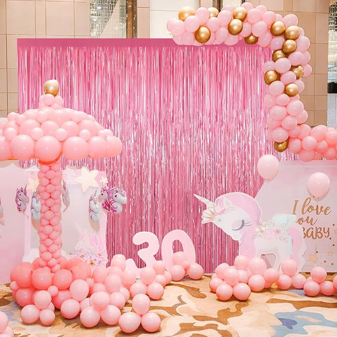 Pink Metallic Tinsel Foil Fringe Curtains, 2 Pack 3.3x8.3 Feet Party