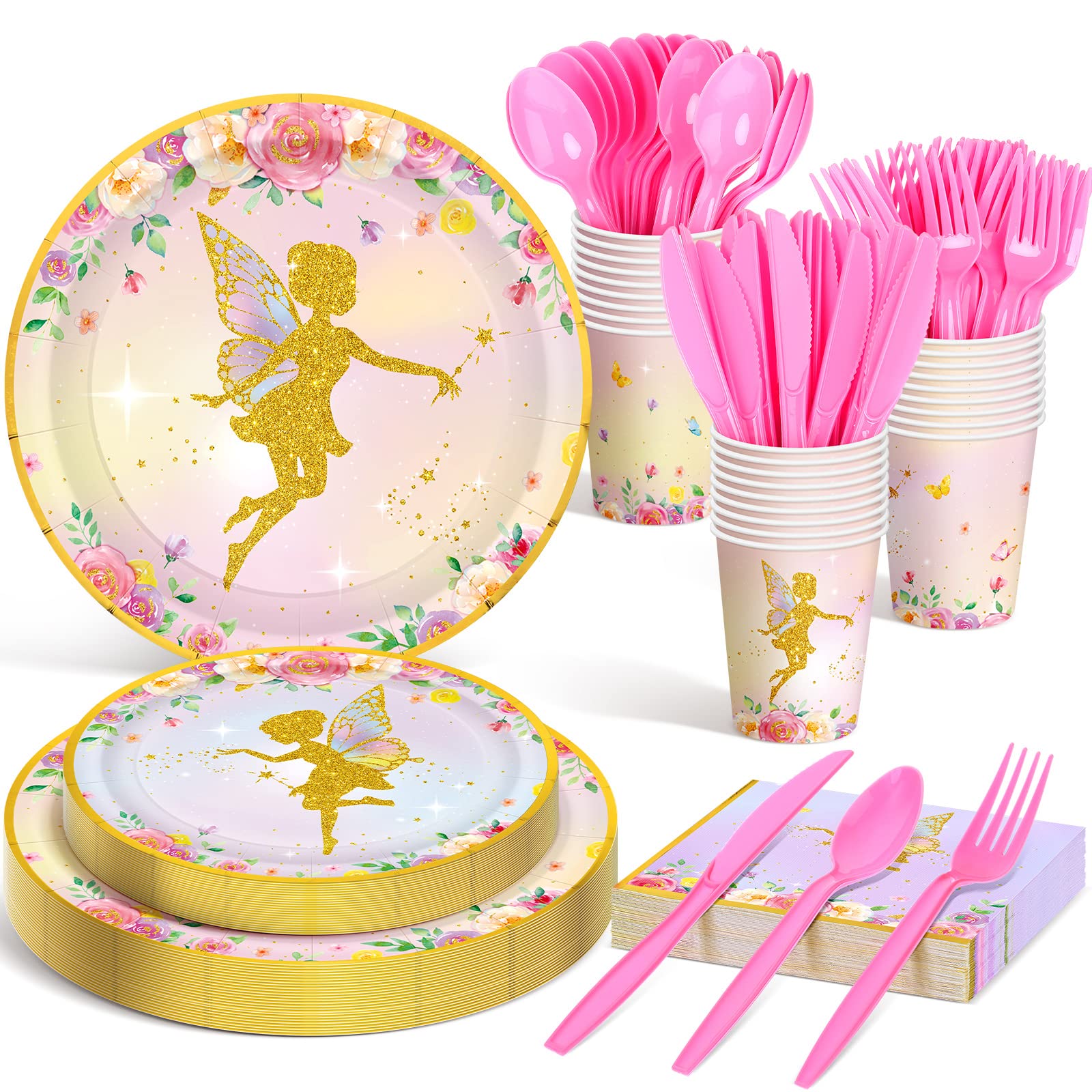 Meanplan 168 Pcs Fairy Party Supplies Fairy Plates and Napkins Fairies
