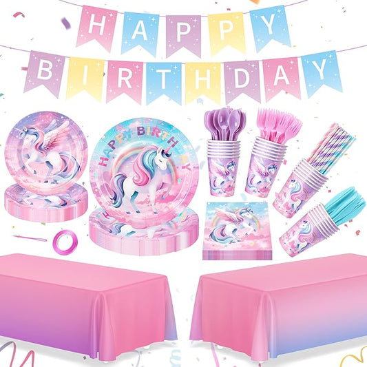 195Pcs Unicorn Birthday Party Supplies with Plates Cups Napkins