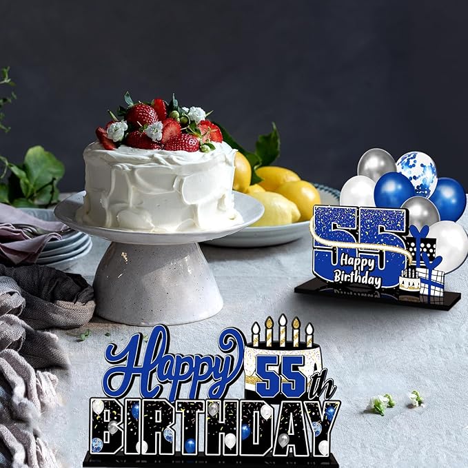 LINGTEER Happy 55th Birthday Blue Acrylic Table Topper Centerpieces