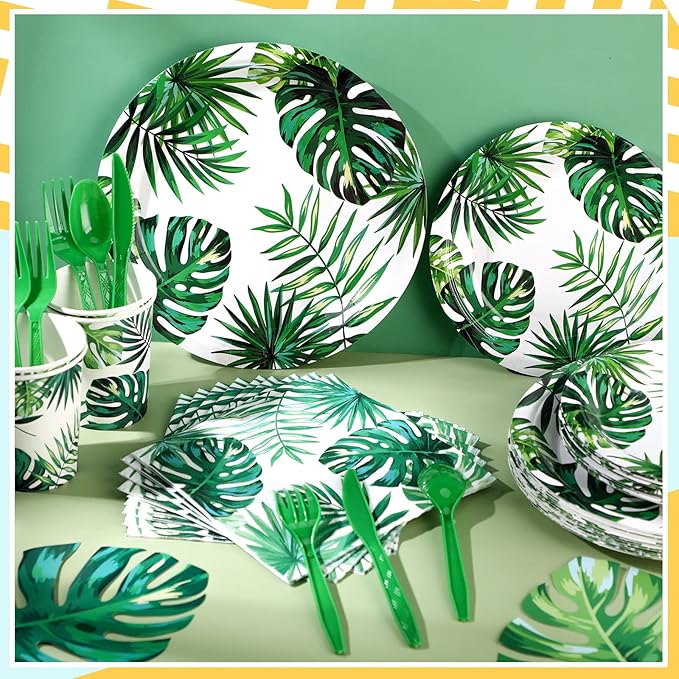 171 Pcs Hawaiian Luau Party Supplies Tropical Palm Leaves Tableware