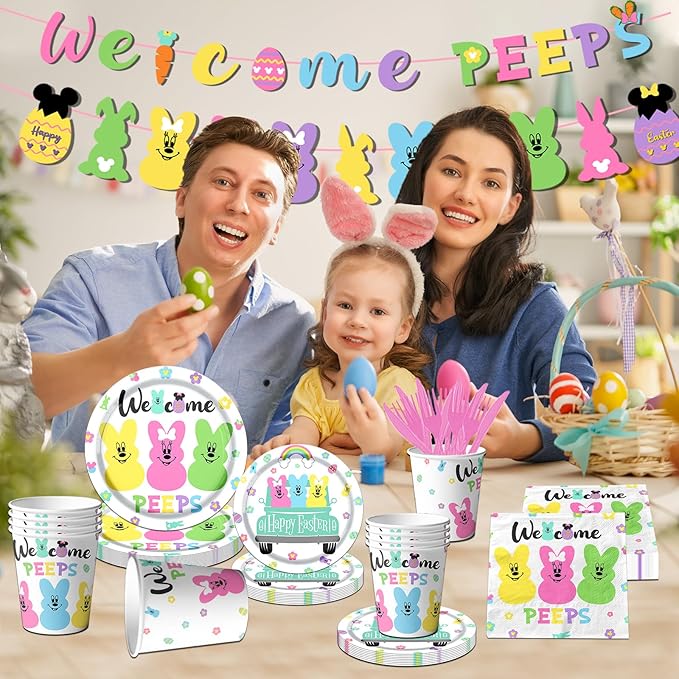 Welcome Bunny Tableware 142pcs Mouse Happy Easter Party Decoration