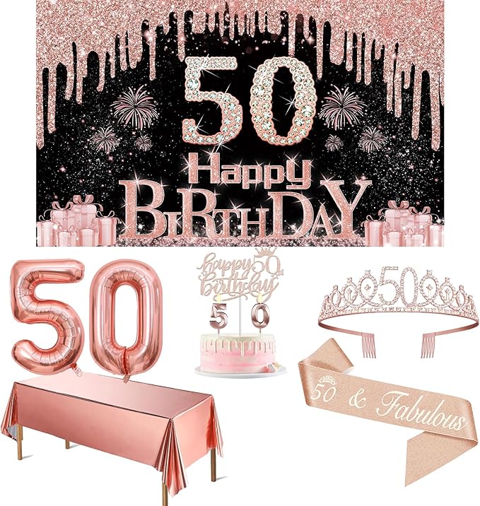 50th Birthday Decorations for Her with Banner Rose Gold Tablecloth