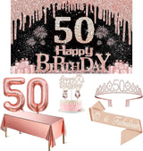 50th Birthday Decorations for Her with Banner Rose Gold Tablecloth