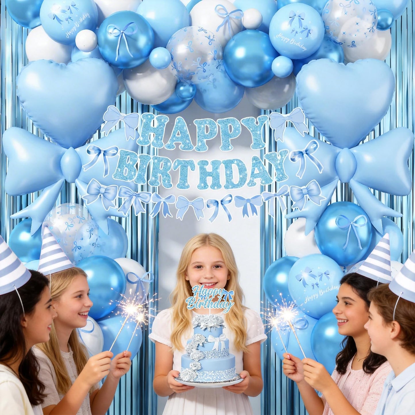 Blue Bow Birthday Party Decorations, Coquette Baby Blue White Bows