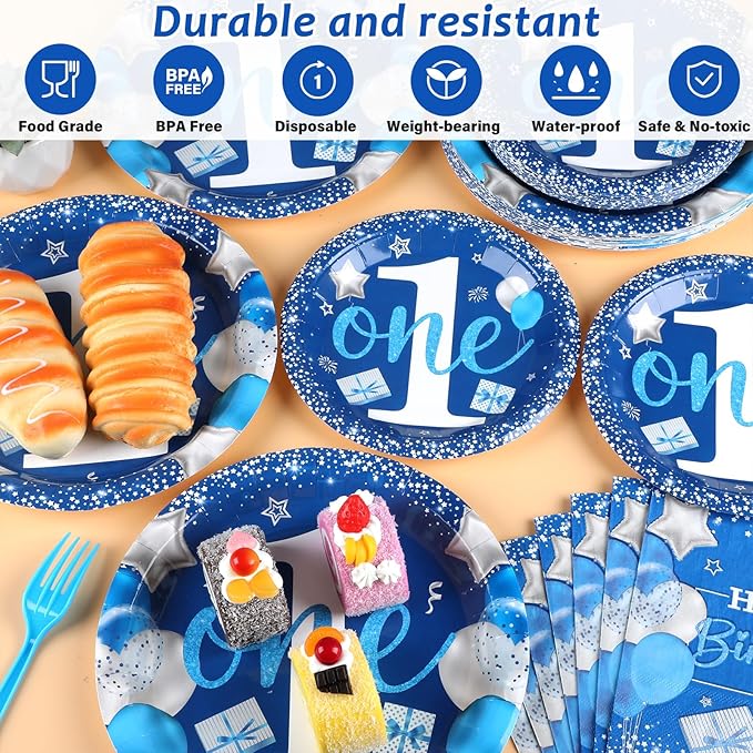 Boy 1st Birthday Party Tableware Set Blue 96 Pcs 24 Guests Paper